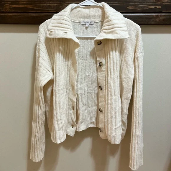 Madewell Cream Ribbed Button-Up Wool Blend Cardigan Sweater Size M - Picture 11 of 12